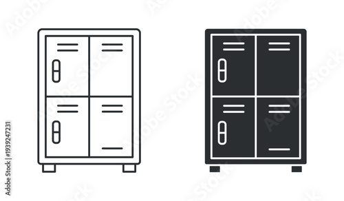 Metal storage locker cabinet furniture icon set, in outline and solid silhouette style. Vector illustration.