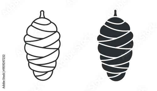 Silkworm cocoon insect pupa stage icon set, in outline and solid silhouette style. Vector illustration.