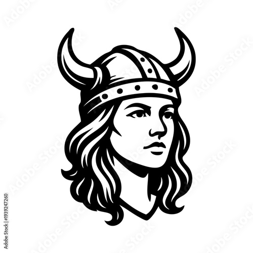 Logo valkiria nórdica. Icono con chica nórdica con casco bárbaro con cuernos 