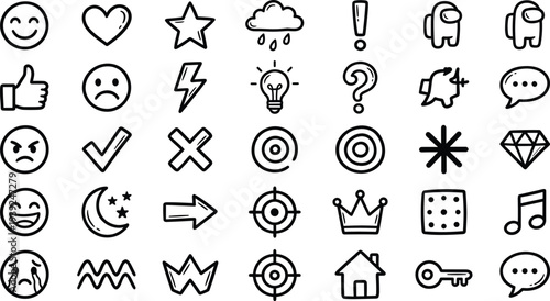 A collection of various black line icons on a pure including symbols and objects