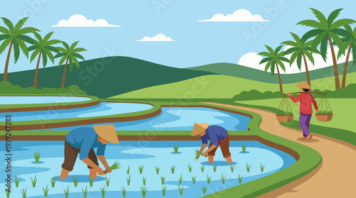 Farmers, wearing traditional hats, tend to lush green rice fields in a beautiful terrace landscape, capturing the essence of agricultural life and harmony with nature.