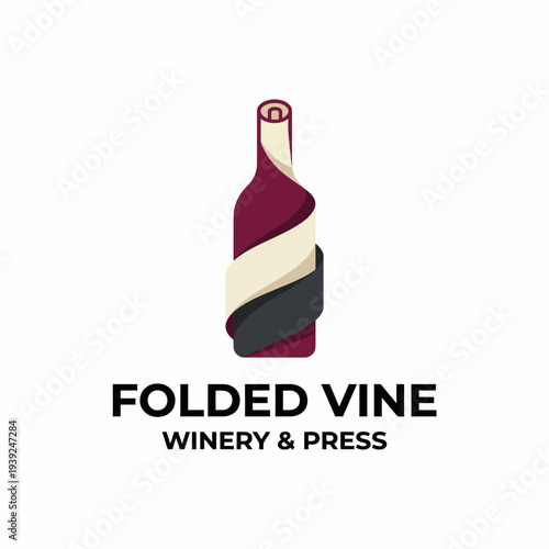 The logo for Folded Vine Winery & Press features a stylized bottle wrapped in elegant colors, symbolizing sophistication and quality in winemaking and vineyard experiences.