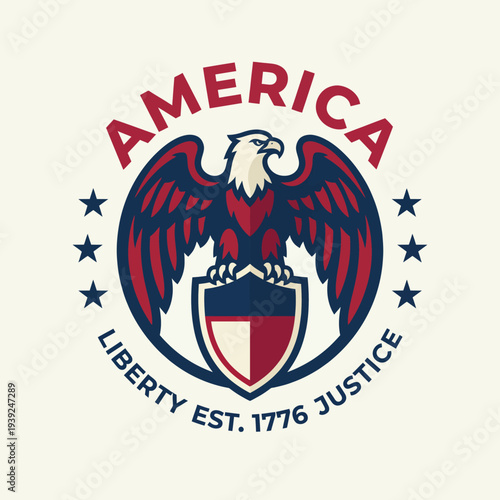 The emblem showcases an eagle adorning a shield with the text America's Liberty, symbolizing strength, freedom, and justice through a patriotic representation.