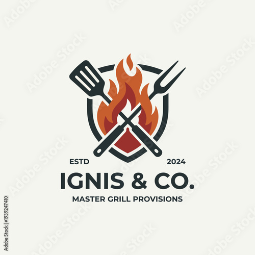 A bold logo design featuring grilling utensils crossed over flames, representing a master grill provisions brand that emphasizes expertise and passion in barbecue cooking.