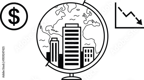 Black and white illustration of a globe with city buildings and a dollar sign on a with a graph showing a decline
