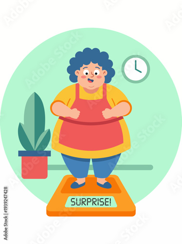 This playful image showcases a person standing on a scale with a surprised expression, highlighting the lighthearted side of weight management and self-acceptance.