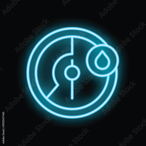 Blue neon icon of a humidity sensor measuring water level with a drop symbol
