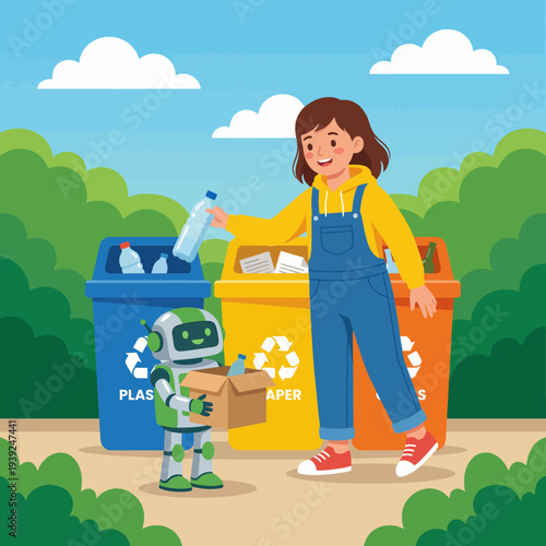 This cheerful illustration shows a child and a friendly robot working together to sort recyclable materials, emphasizing teamwork and the importance of environmental awareness.