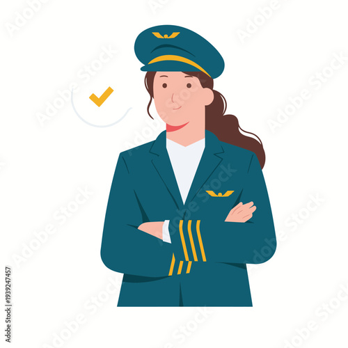 This professional depiction of a female pilot in uniform highlights diversity and empowerment in the aviation industry, showcasing confidence with a friendly smile and approachable demeanor.