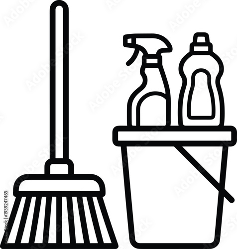Cleaning tools and supplies including a broom bucket and spray bottles