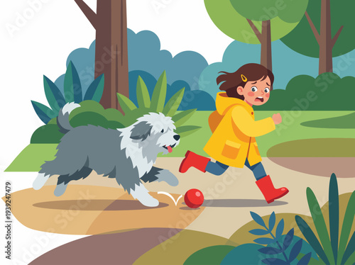 A concerned girl is running away from her playful dog in a lively green forest, showcasing the theme of companionship and the bond between pets and humans in nature.