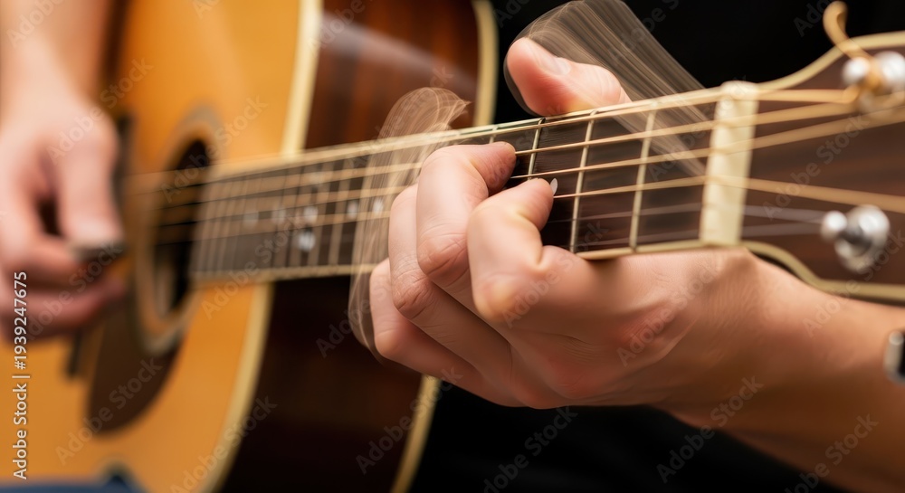 Fototapeta premium Musician actively presses fingers onto the fretboard while strumming strings on a wooden acoustic instrument