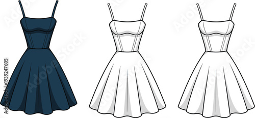 Three fashion illustrations of a dark blue cocktail dress and two white outline sketches of the same dress on a white background