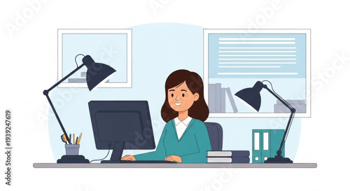Smiling businesswoman working diligently at modern office desk
