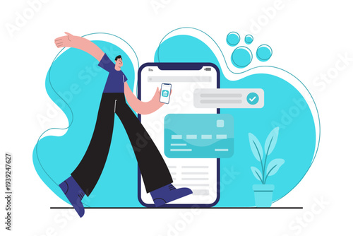 Vector illustration of a person transferring money using a smartphone mobile banking app. Concept of digital finance, fintech technology, bank transfer and modern financial services.