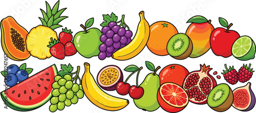 Colorful illustration of various fruits for healthy eating and nutrition concepts
