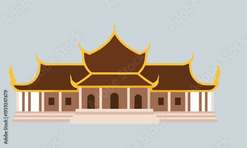 Traditional Southeast Asian Temple Building with Brown and Gold Curved Roofs architecture