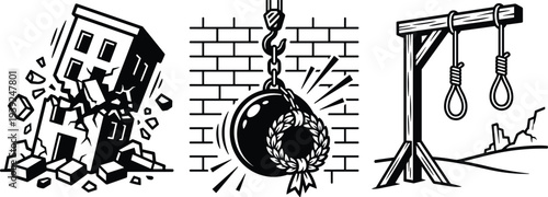 Black and white illustration of a wrecking ball destroying a house next to a gallows