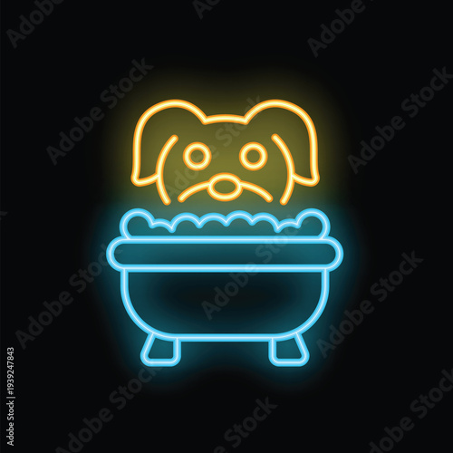 Neon icon of a cute dog taking a bath with bubbles, perfect for pet grooming services