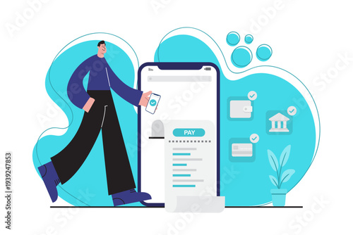 Flat illustration showing a man making a mobile payment through a smartphone application with digital receipt. Concept of fintech technology, cashless payment, and online transaction.