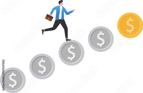 Businessman Running Up Financial Coin Steps