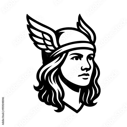 Logo valkiria nórdica. Icono con chica nórdica con casco bárbaro con alas de ave
