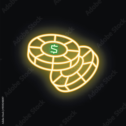 Yellow neon sign representing two casino chips with a dollar sign, for a casino or gambling themed illustration