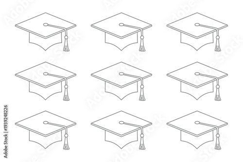 Nine graduation caps in black and white line academic cap