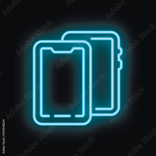 Blue neon sign of two smartphones with blank screen glowing on dark background