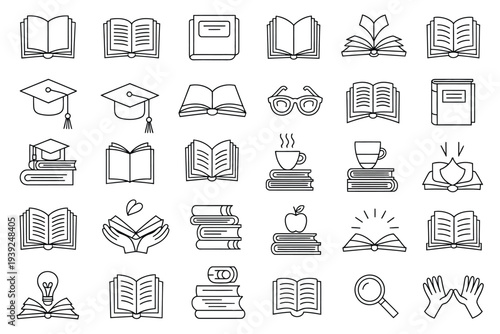 Black and white line of books, graduation caps, and study