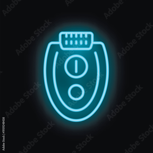 Blue neon sign icon of an electric epilator showing on off buttons on black background