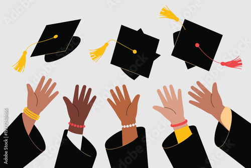 Graduates Throwing Hats in Celebration with Raised Hands