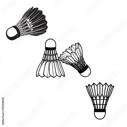 Hand-drawn badminton shuttlecock and racket set illustration collection isolated on white background.