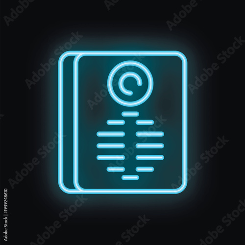 Blue glowing neon icon of a smart doorbell system on a black background