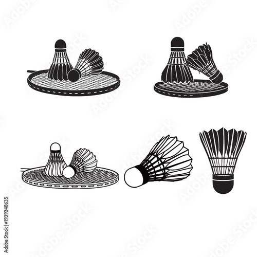 Hand-drawn badminton shuttlecock and racket set illustration collection isolated on white background.