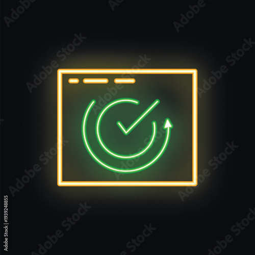 Neon sign showing a website being updated with a green checkmark inside a circular arrow