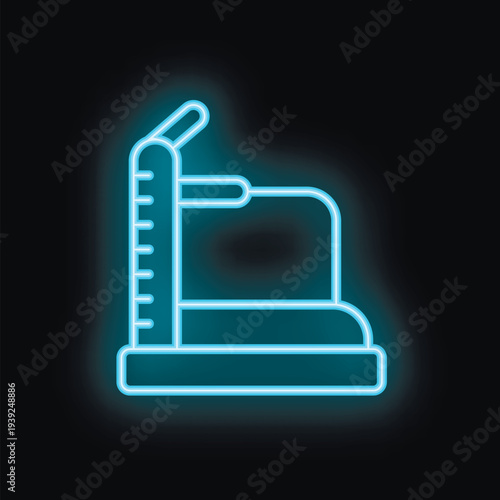 Blue neon icon of a treadmill fitness machine glowing on a dark background