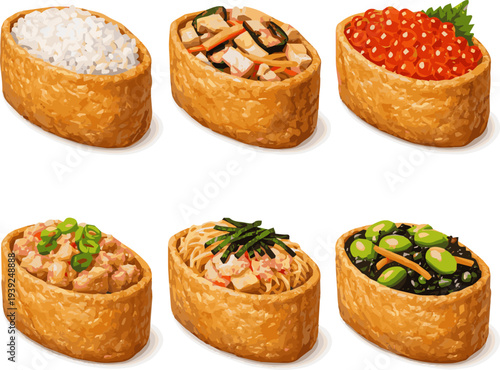 Isolated a realistic kinds of deferent Inarizushi vector art with white background..