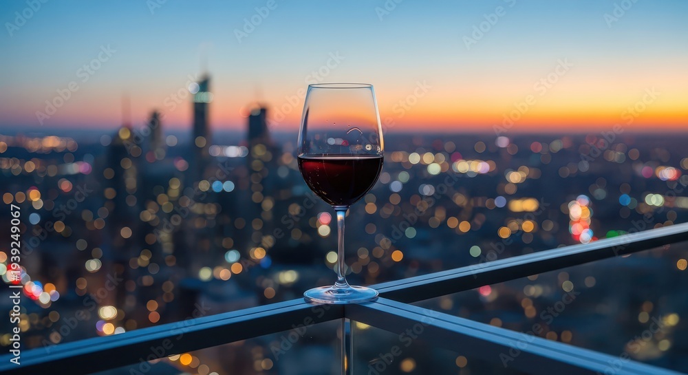 Fototapeta premium Glass of dark beverage rests upon an outdoor railing overlooking a cityscape at twilight