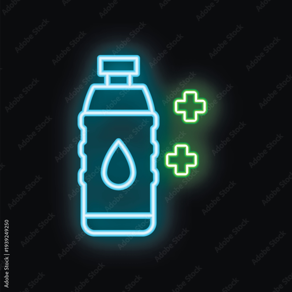 Obraz premium Glowing neon icon of a water bottle with two plus symbols, representing the health benefits of staying hydrated