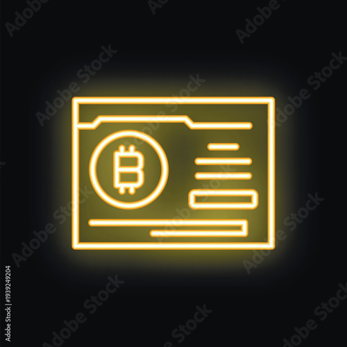 Glowing neon yellow icon of a cryptocurrency exchange website, featuring the bitcoin symbol prominently