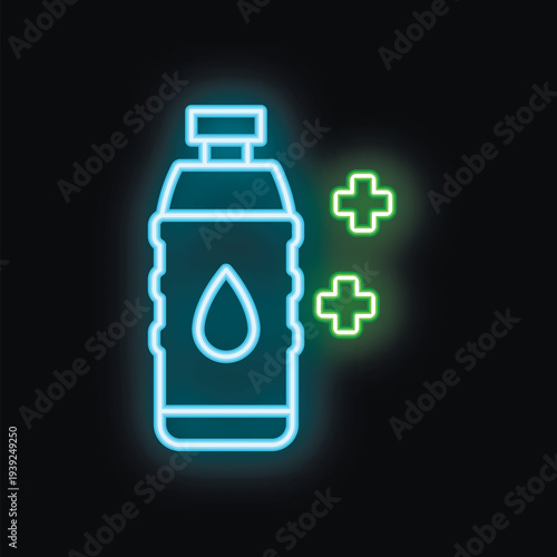 Glowing neon icon of a water bottle with two plus symbols, representing the health benefits of staying hydrated