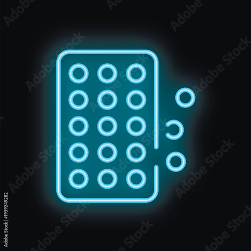 Blue neon sign depicting pills falling out of a blister pack against a black background