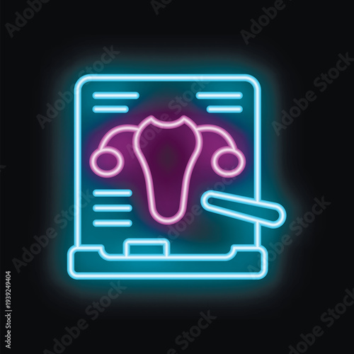 Neon icon representing a pointer highlighting the female reproductive system on a medical board, perfect for healthcare topics