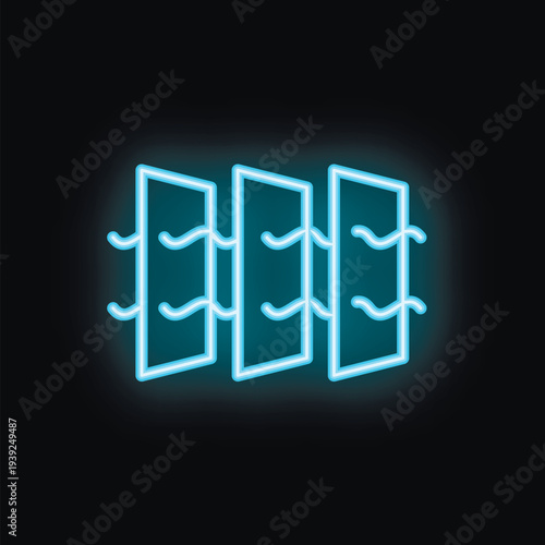 Blue glowing neon icon of air purifier working and cleaning airflow on a black background