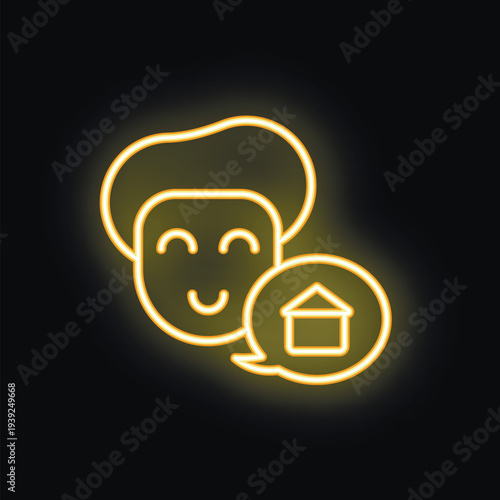 Yellow neon icon of a person talking about house, suitable for stay at home and similar concepts