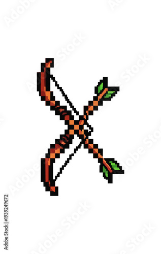 Pixelated crossbow and arrow set on black background