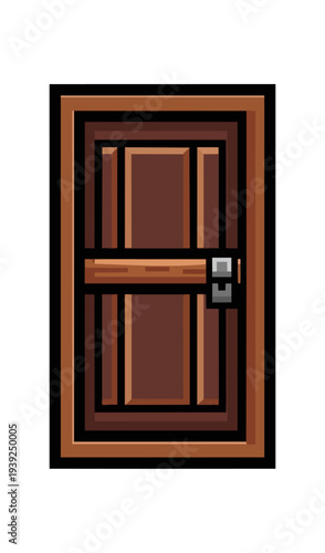 Wooden door pixel art style isolated on black background
