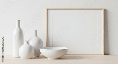White ceramic vases and bowl with blank picture frame on wooden table.