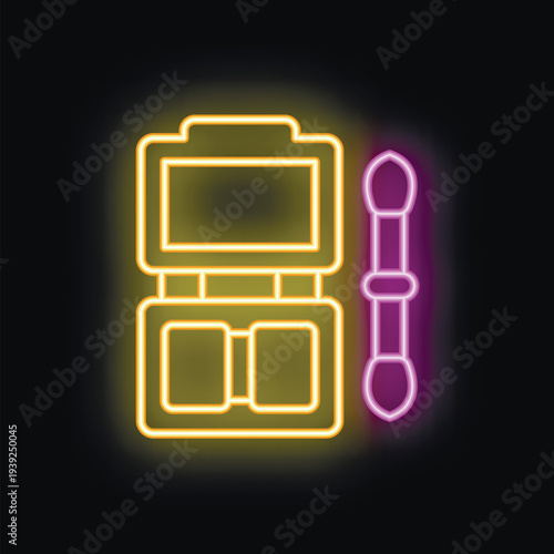 Bright yellow and purple neon sign of an eyeshadow palette with applicator brush on black background